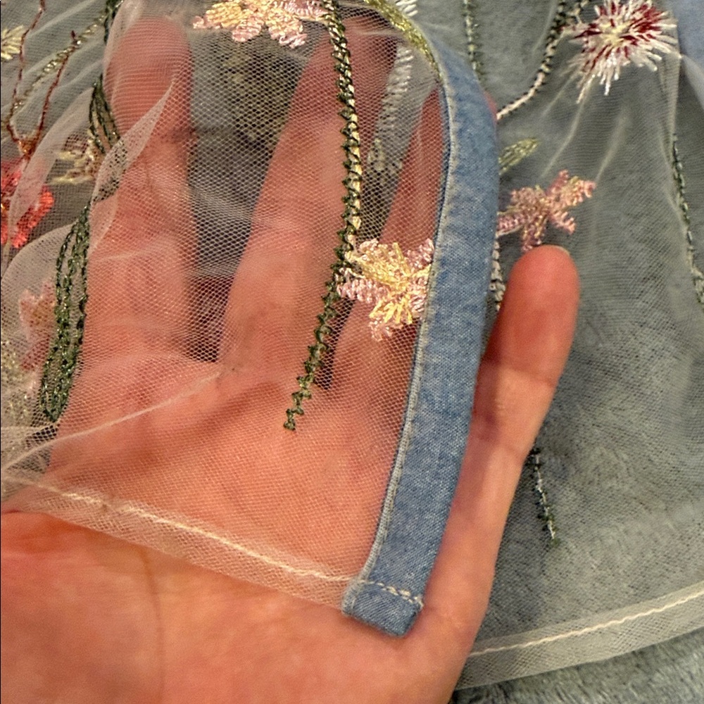 Levi's Light Blue Denim Duster w Sheer Floral Embroidered Length, size XL NWOT - Picture 3 of 10